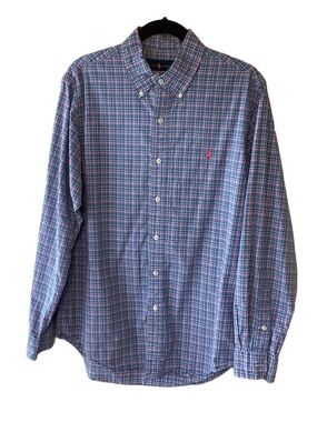 Ralph Lauren Blue and Pink Gingham Button-Down Shirt M Pink Pony Office Casual